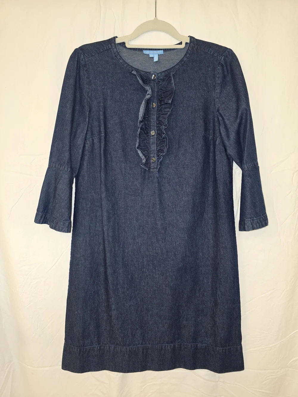 Draper James Dark Blue Ruffle-Front Denim Midi Dress